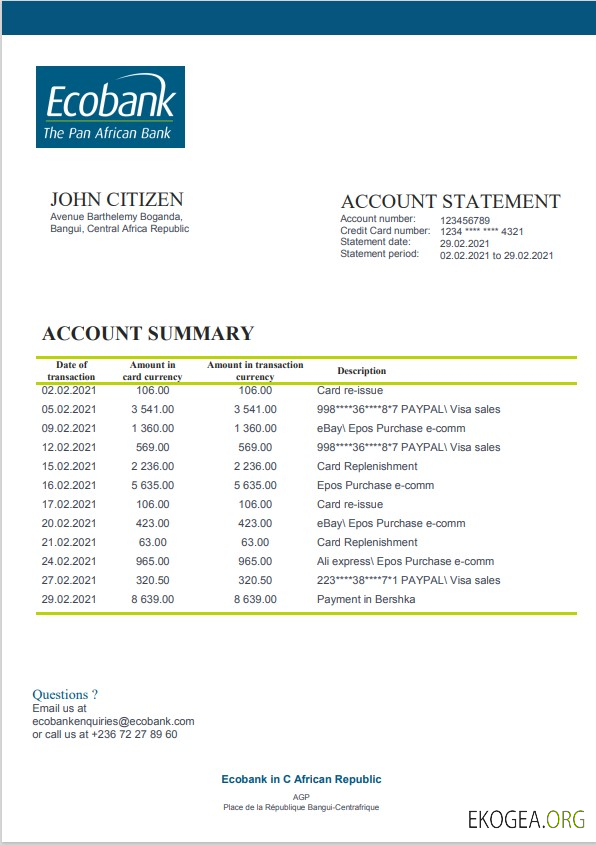 Modèle de relevé bancaire Ecobank République Centrafricaine au format Word et PDF